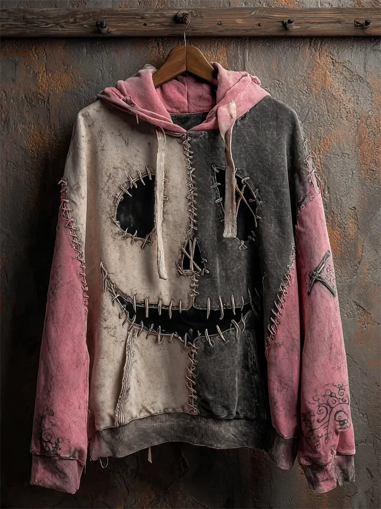 Halloween Pumpkin Face Contrast Stitched Hoodie Ladies Halloween Clothes Gifts For BFF - Merchluma