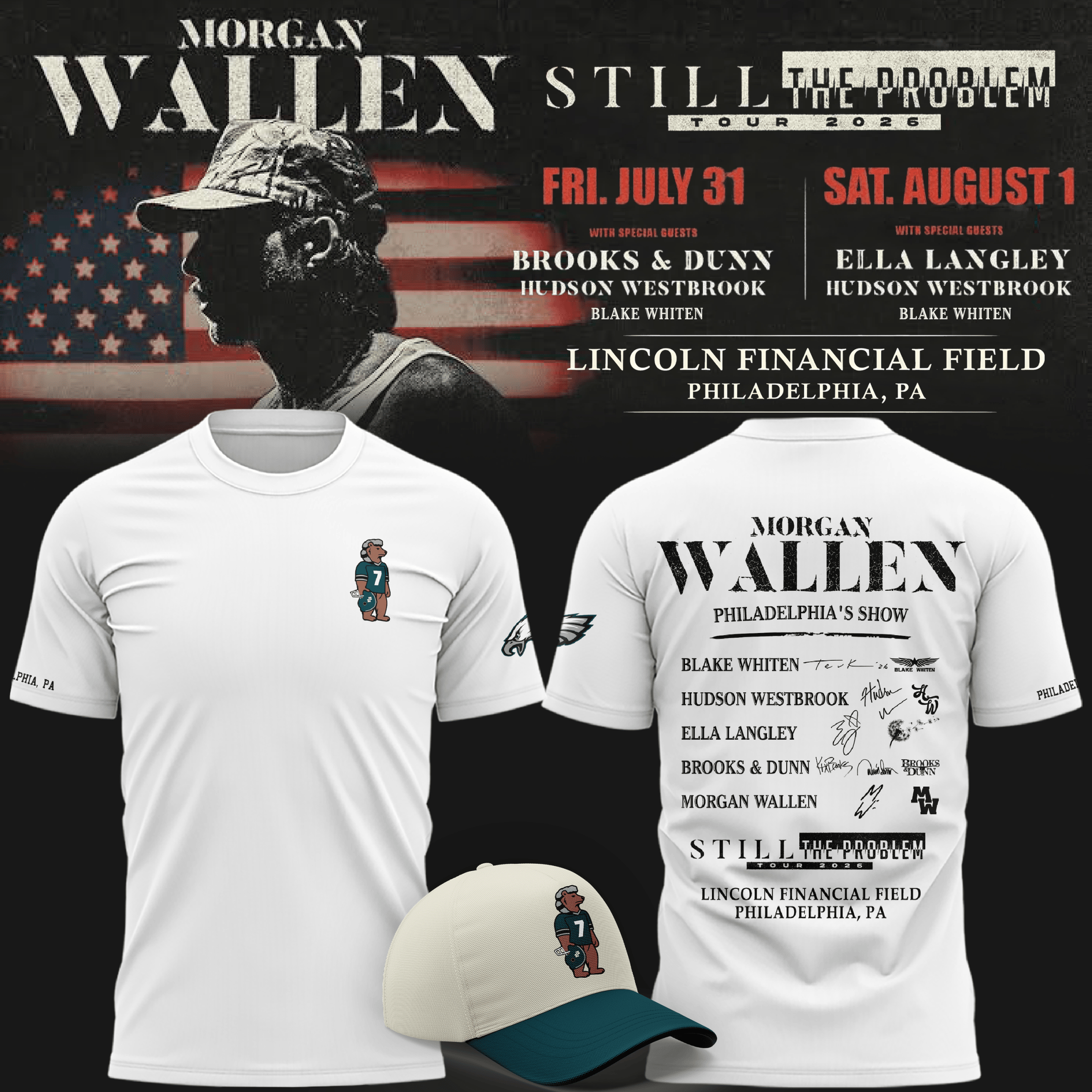 Morgan Wallen x Philadelphia Eagles Merch 2026 Still The Problem Tour T-Shirt White Fan Gear - Merchluma