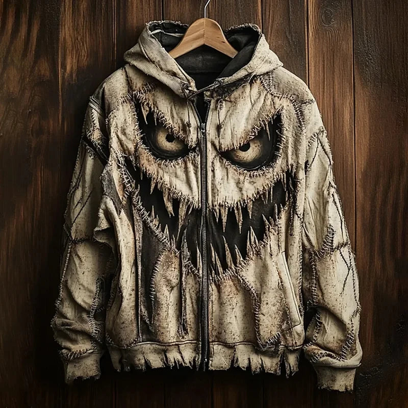 Halloween Horror Scary Face Stitch Patchwork Pattern Zip Hoodie Unique Halloween Outfits - Merchluma