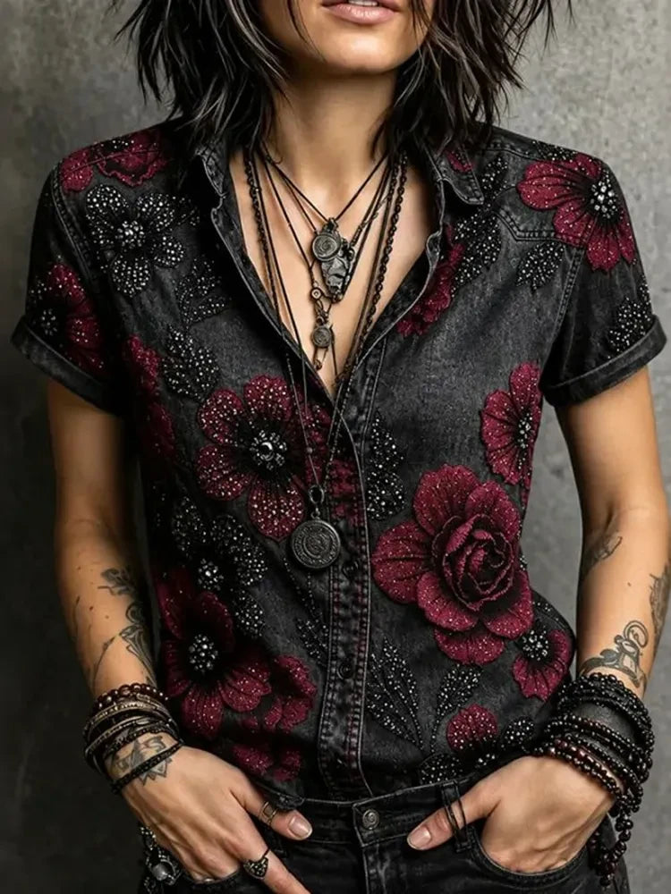 Dark Floral Art Hawaiian T-Shirt Halloween Apparel Women's Halloween Gift Ideas - Merchluma
