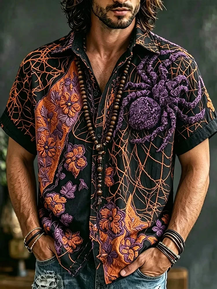 Halloween Spider Web Floral Art Hawaiian Shirt Scary Halloween Outfits Gifts For Brother - Merchluma