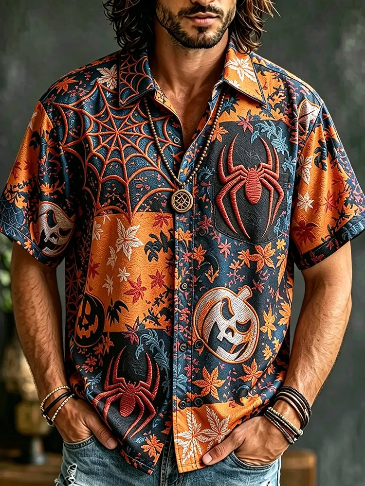 Pumpkin Maple Leaf And Gothic Spider Web Hawaiian Shirt Horror Themed Shirts Halloween Gifts - Merchluma