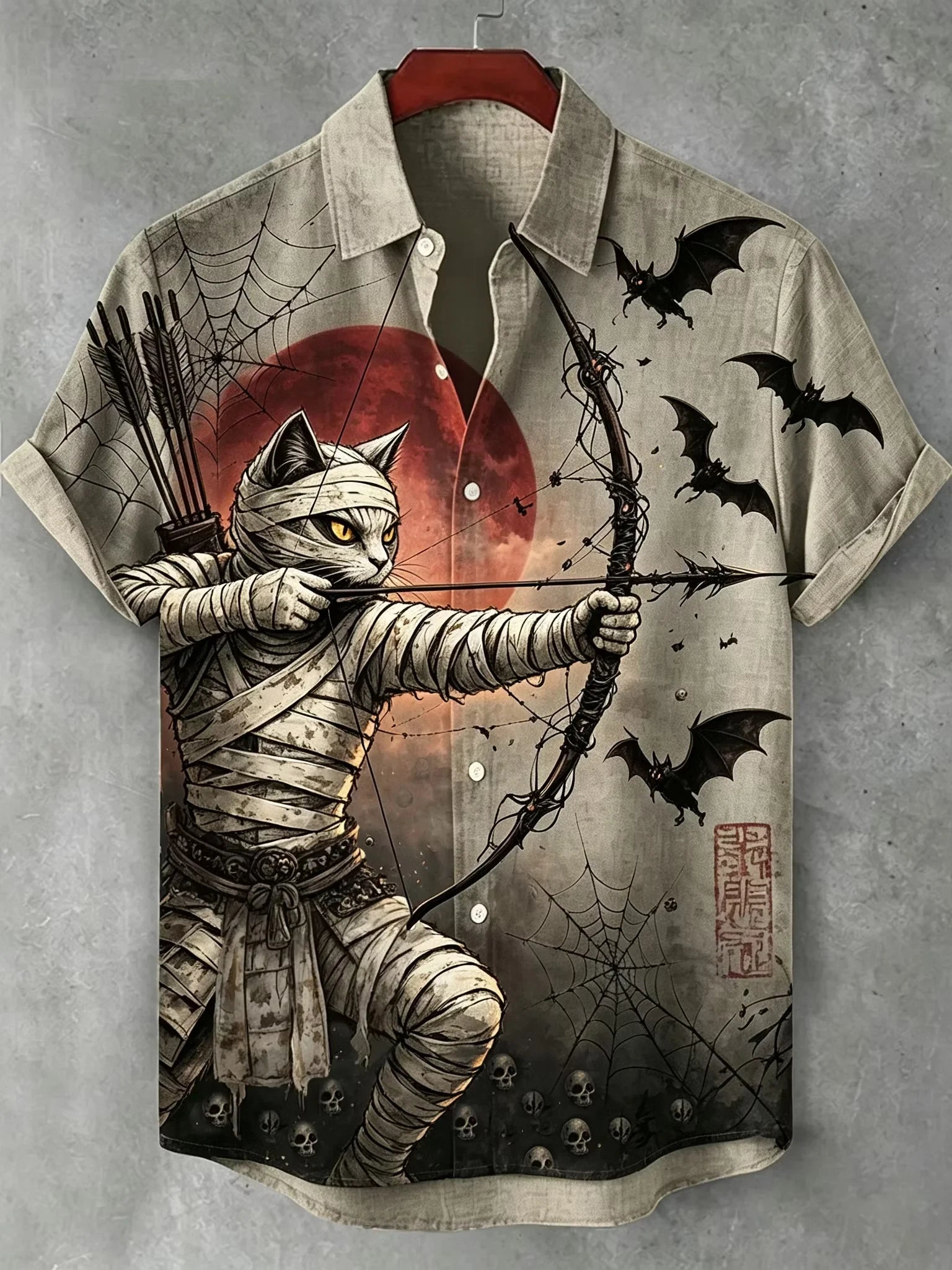 Halloween Mummy Cat Samurai Japanese Archery Art Hawaiian Shirt Mens Halloween Apparel - Merchluma