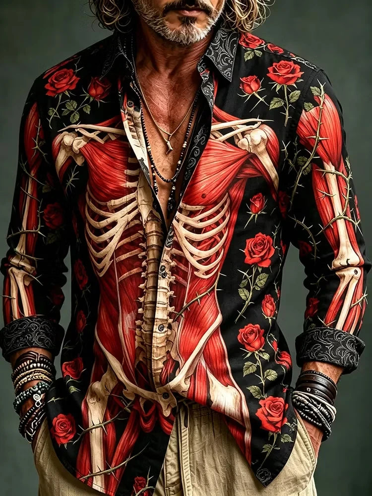 Halloween Anatomy Rose Long Sleeve Button Up Shirt Halloween Apparel Men Gifts For Husband - Merchluma