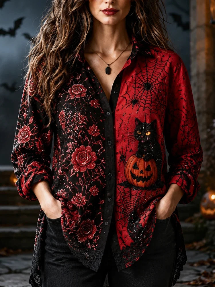 Halloween Gothic Black Cat Pumpkin And Rose Long Sleeve Button Up Shirt Halloween Apparel Women's - Merchluma