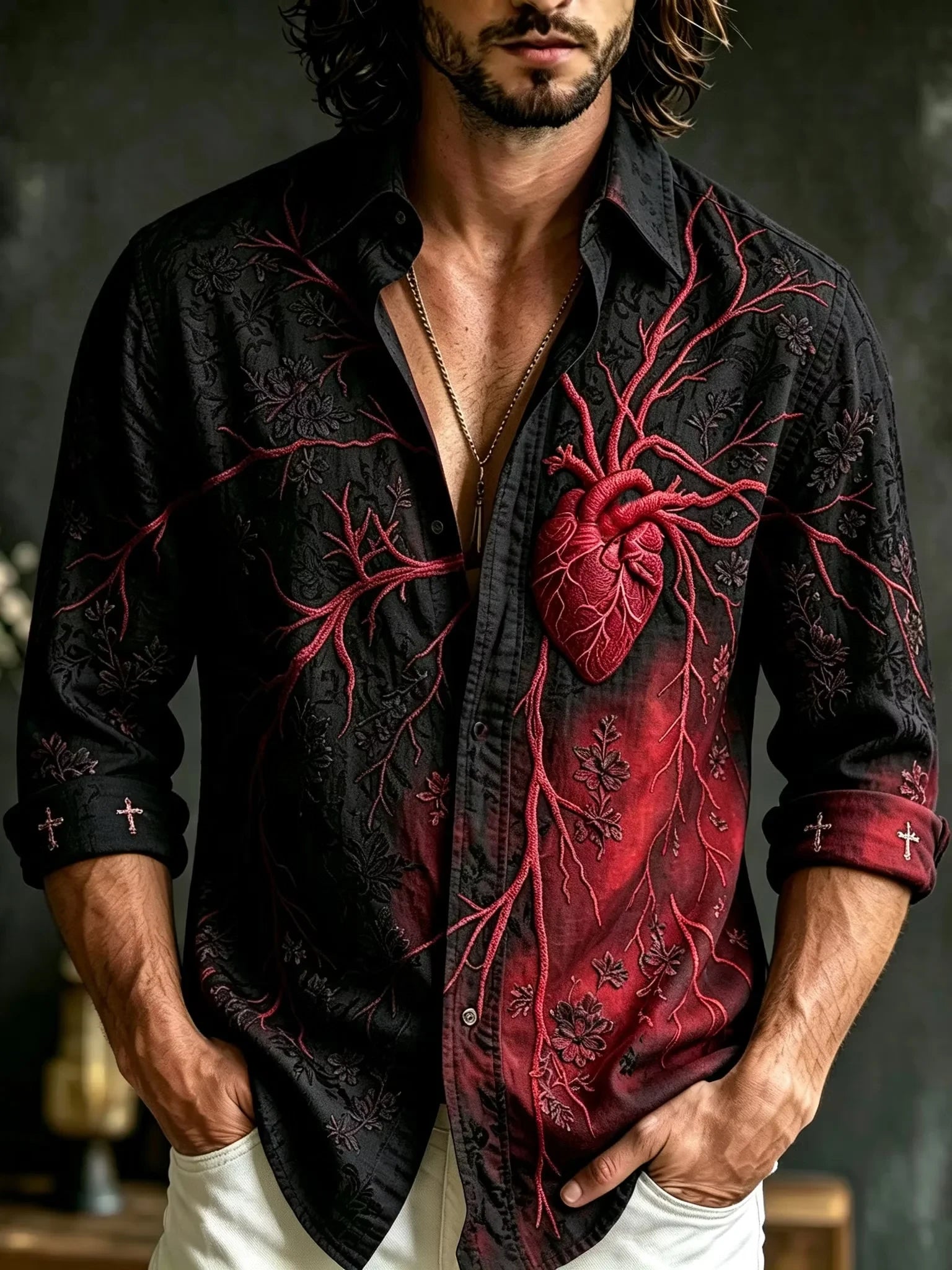 Floral With Heart Anatomy Art Long Sleeve Button Up Shirt Best Halloween Clothes Fan Gifts - Merchluma