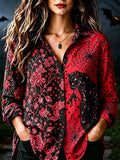 Halloween Cat And Rose Floral Long Sleeve Button Up Shirt Ladies Halloween Clothes Wife Gifts - Merchluma
