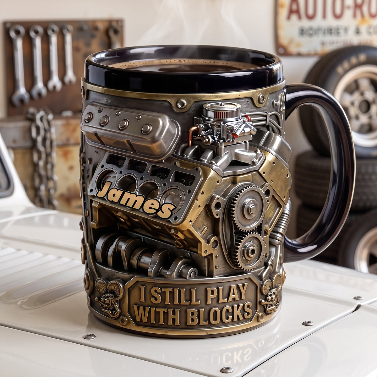 Personalized Hot Rod Engine Mug I Still Play With Blocks Coffee Cup Gifts For Hot Rod Lovers - Merchluma