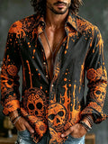 Halloween Skull Floral Art Long Sleeve Button Up Shirt Mens Halloween Apparel Gifts For Son - Merchluma