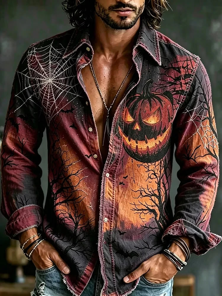 Halloween Spider And Pumpkin Art Long Sleeve Button Up Shirt Target Halloween Apparel Gift - Merchluma