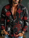 Halloween Spider Floral Cross Long Sleeve Button Up Shirt Halloween Men Clothing Brother Gifts - Merchluma