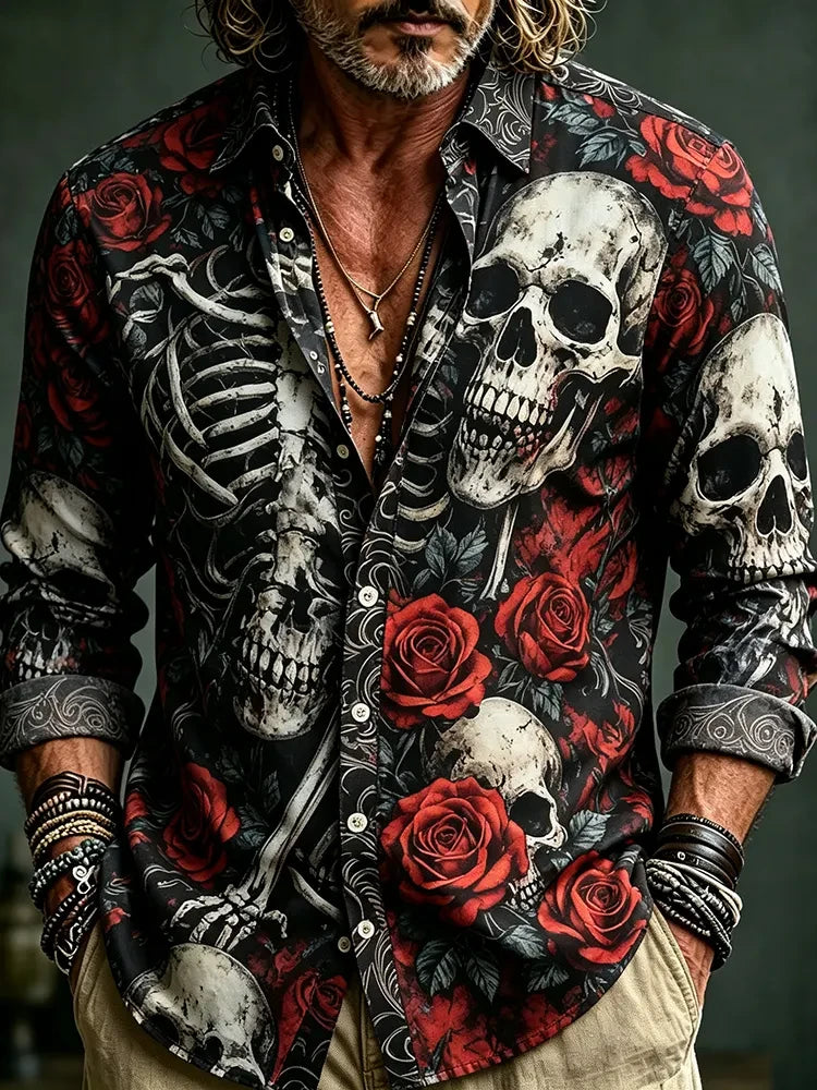 Scary Horror Rose Skull Long Sleeved Button Up Shirt Halloween Themed Clothes Gifts For Him - Merchluma