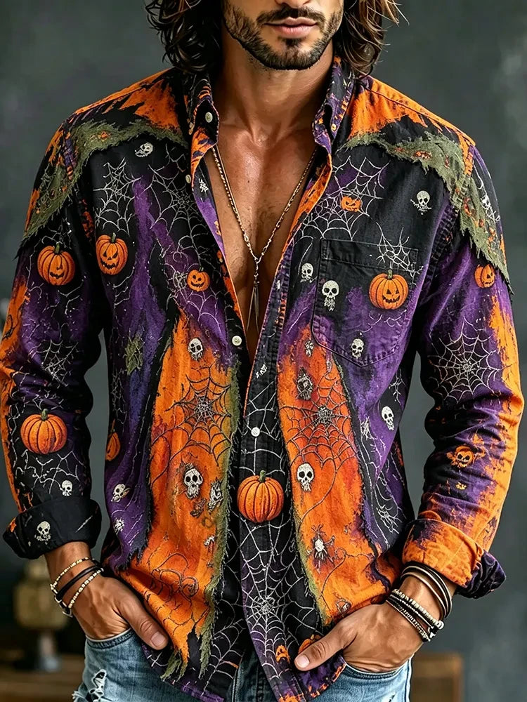 Halloween Spider Pumpkin And Skull Long Sleeve Button Up Shirt Halloween Themed Apparel - Merchluma