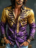 Halloween Skeleton And Rose Long Sleeve Button Up Shirt Halloween Inspired Clothing Men - Merchluma