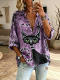 Halloween Black Cat Art Long Sleeve Button Up Shirt Ladies Halloween Clothes Horror Apparel - Merchluma