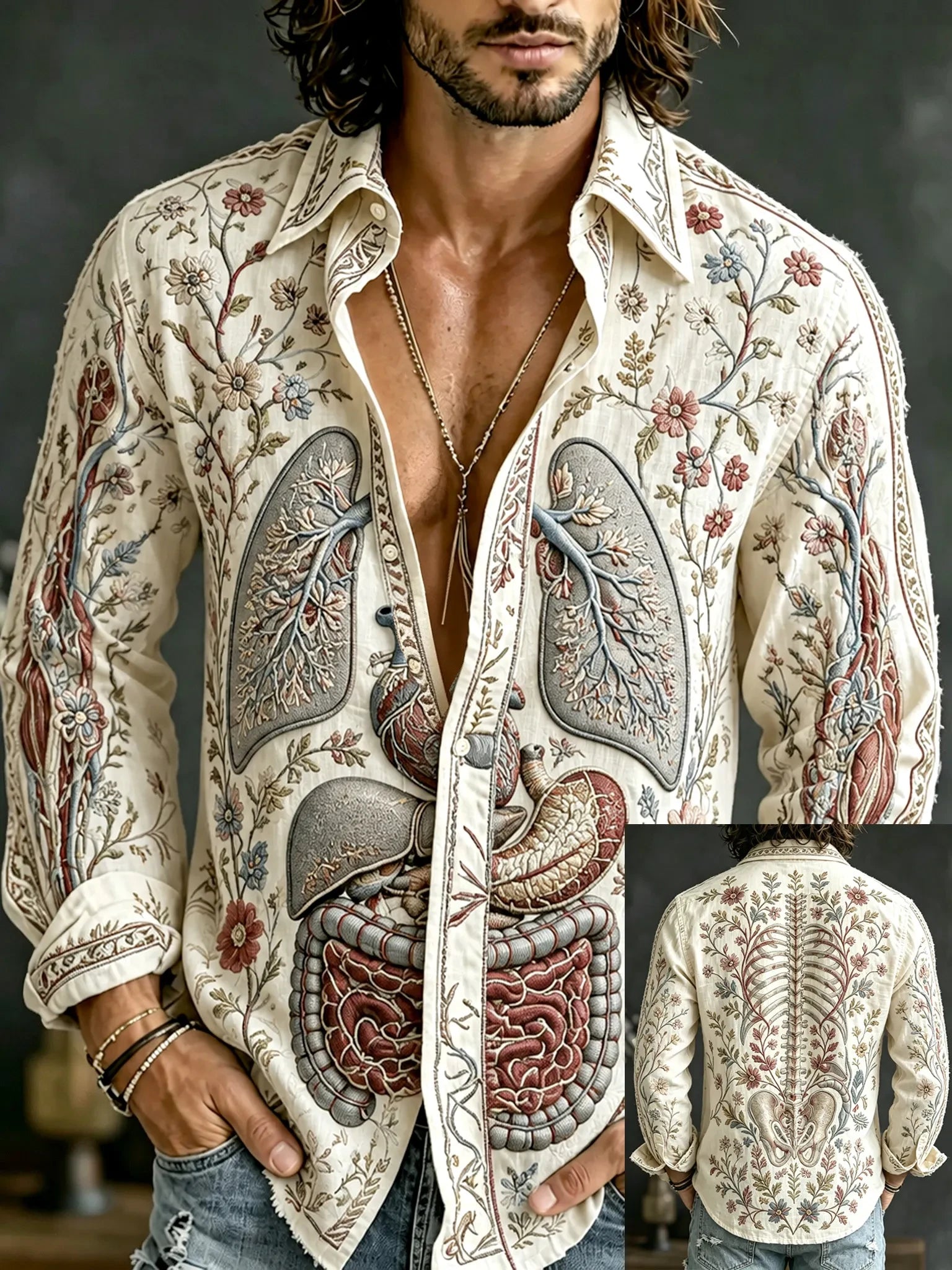 Halloween Botany With Human Anatomy Art Long Sleeve Button Up Shirt Halloween Apparel Men - Merchluma