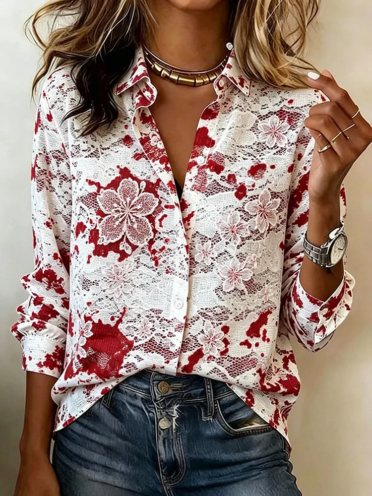 Japanese Cherry Blossom Bloody Lace Pattern Long Sleeve Button Up Shirt Halloween Apparel Women's - Merchluma