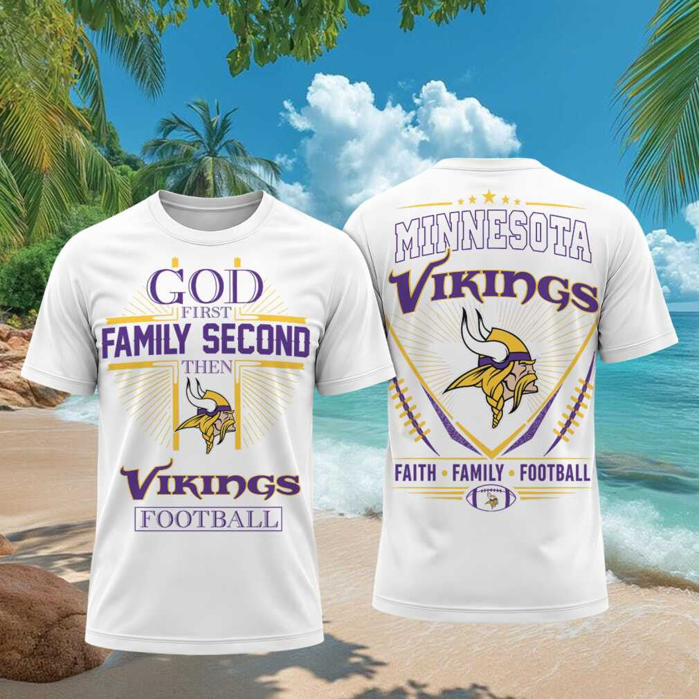 Minnesota Vikings God First Family Second Faith Football Shirt Vikings Merch Gifts For Friends - Merchluma