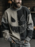 Halloween Spooky Face Colorblock Stitched Sweater Good Halloween Outfits Gifts For Holiday - Merchluma