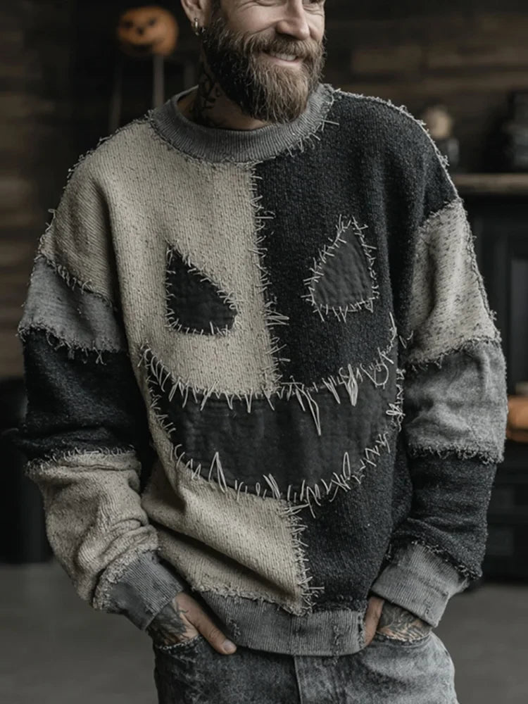 Halloween Spooky Face Colorblock Stitched Sweater Good Halloween Outfits Gifts For Holiday - Merchluma