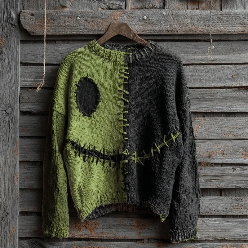 Halloween Spooky Face Contrast Stitched Art Sweater Black Green Target Halloween Apparel - Merchluma