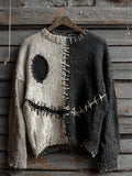 Halloween Spooky Face Contrast Stitched Art Sweater Halloween Themed Apparel BFF Gifts - Merchluma