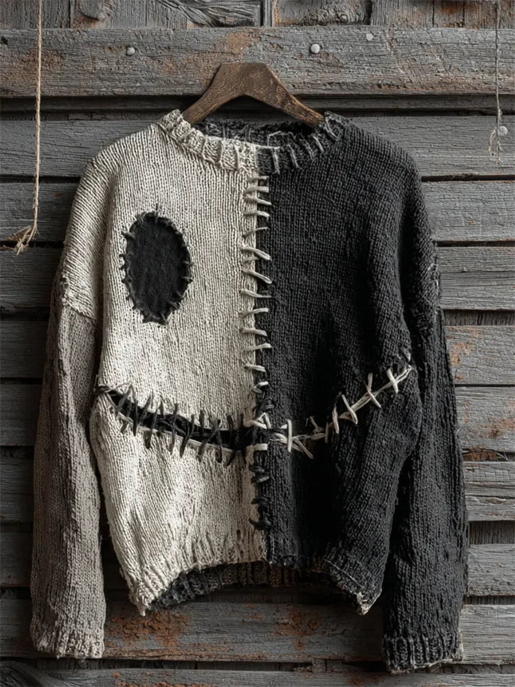 Halloween Spooky Face Contrast Stitched Art Sweater Halloween Themed Apparel BFF Gifts - Merchluma