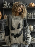 Halloween Spooky Face Contrast Stitched Sweater Cool Halloween Clothes Gift Ideas - Merchluma