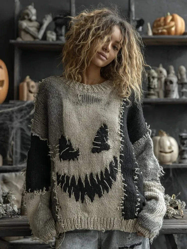 Halloween Spooky Face Contrast Stitched Sweater Cool Halloween Clothes Gift Ideas - Merchluma