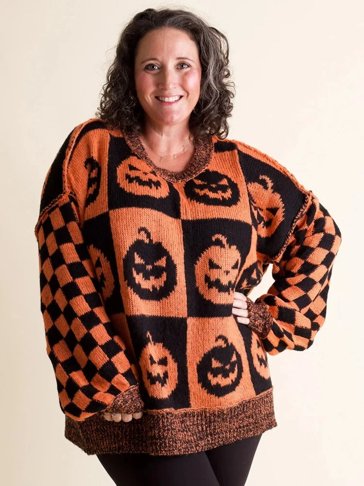 Pumpkin Spooky Season Checkered Sweater Halloween Horror Nights Apparel Women Gifts - Merchluma
