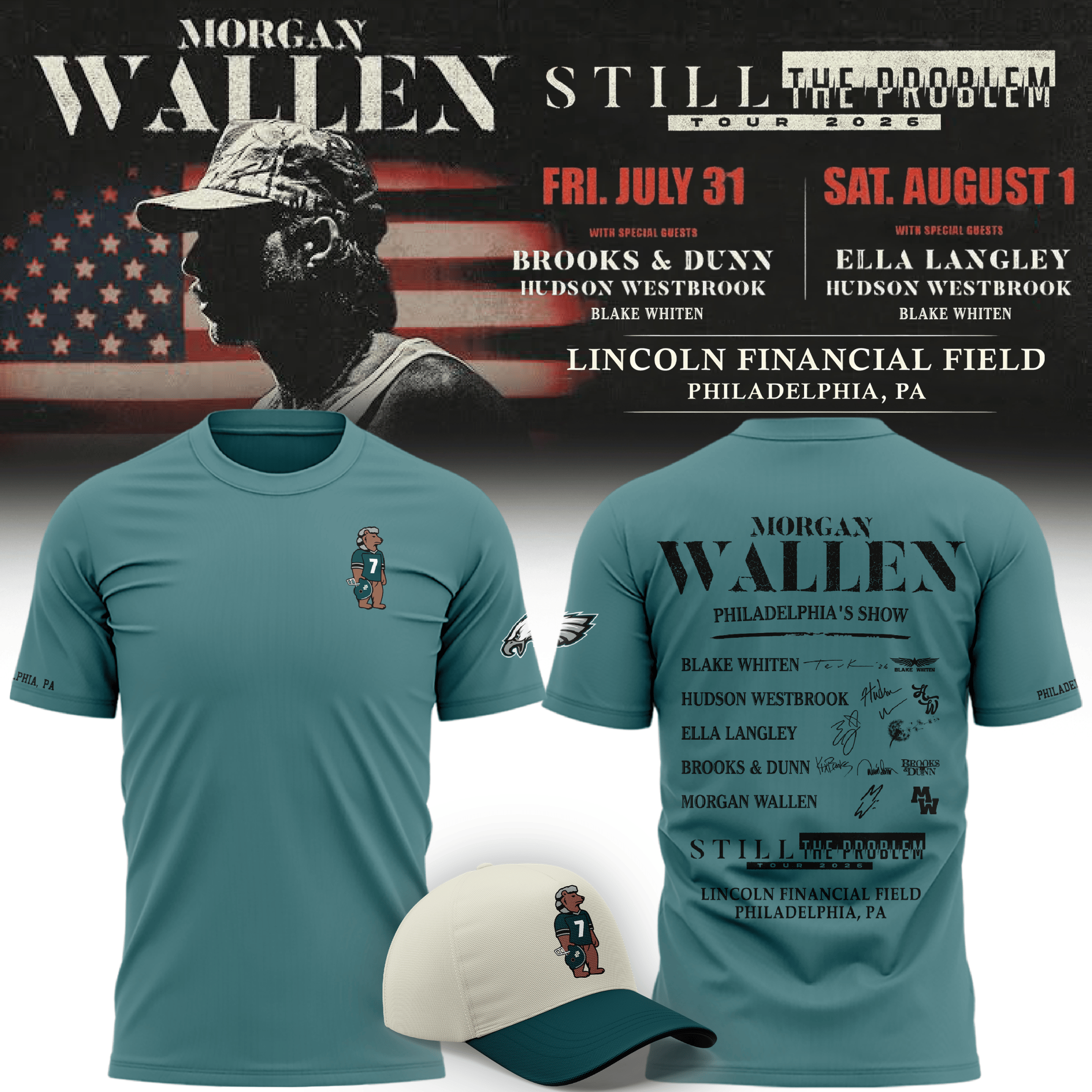Morgan Wallen x Philadelphia Eagles Merch 2026 Still The Problem Tour T-Shirt Football Fan Gear - Merchluma