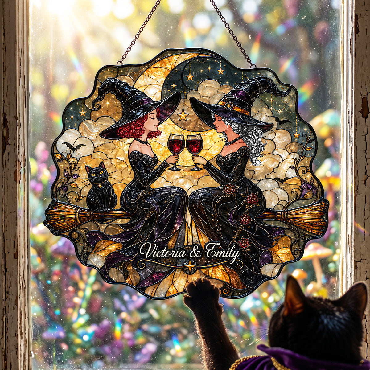 Personalized Witch Bestie Suncatcher Ornament Halloween Window Hanging Decor Gifts For Friends - Merchluma