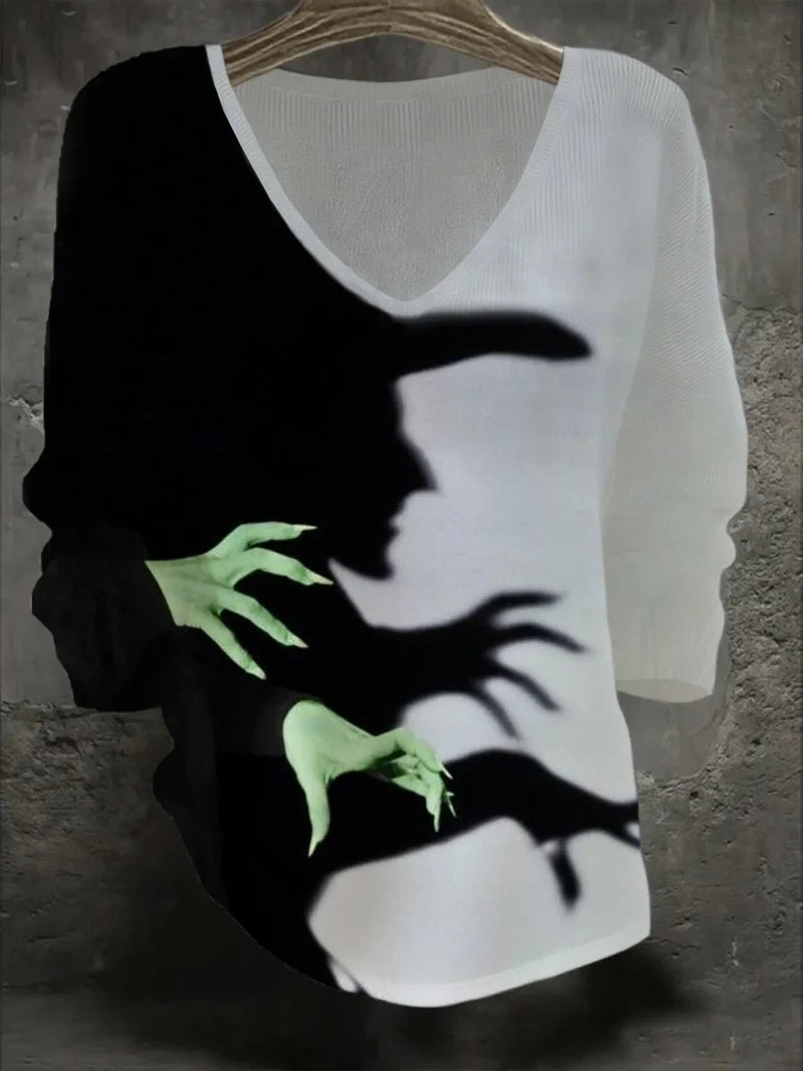 Retro Halloween Witch V-Neck Long Sleeve Shirt Halloween Apparel Gifts For Fans - Merchluma
