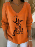 Retro Halloween Witch V-Neck Long Sleeve Shirt Halloween Horror Nights Apparel Gifts For Her - Merchluma
