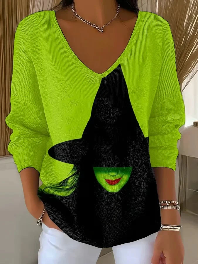 Retro Halloween Witch V-Neck Long Sleeve Shirt Womens Halloween Apparel Vintage Gifts For Fans - Merchluma