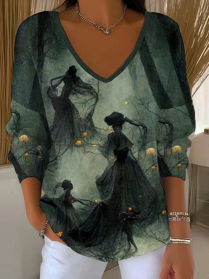 Womens Retro Horror Witch V-Neck Long Sleeve Shirt Witch Halloween Apparel Unique Gift - Merchluma