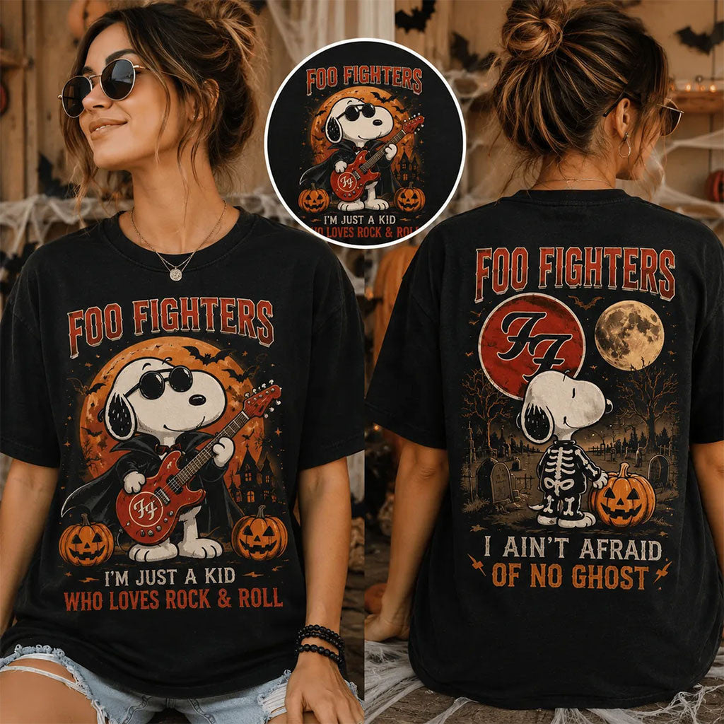 Foo Fighters X Snoopy Halloween Black T-Shirt I Ain't Afraid Of No Ghost Foo Fighters Merch - Merchluma