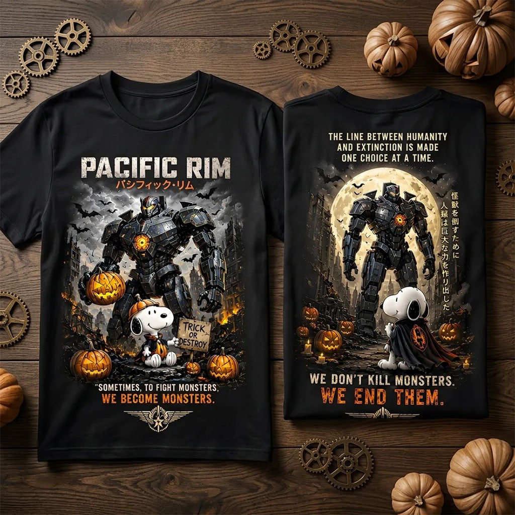Pacific Rim X Snoopy Halloween Mecha Jaeger Black T-Shirt Halloween Clothing Gift For Him - Merchluma