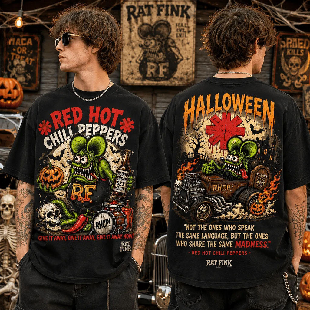 Red Hot Chili Peppers X Rat Fink Halloween Mascot T-Shirt Spooky Clothing Gift For Him - Merchluma