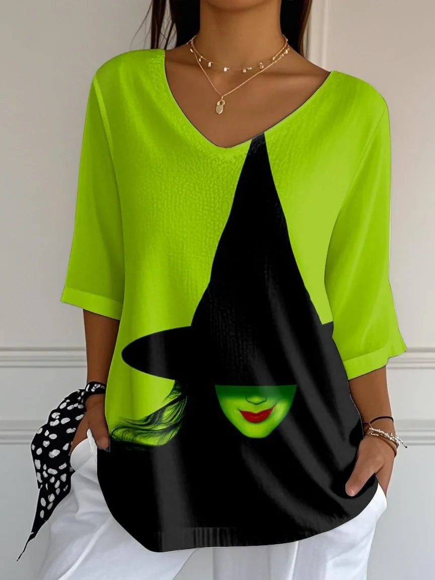 Witch Halloween Cropped Sleeve V-Neck T-Shirt Halloween Apparel Gifts Friends - Merchluma