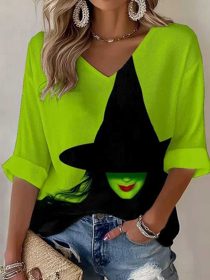 Witch Halloween Cropped Sleeve V-Neck T-Shirt Halloween Clothing Gifts For Her - Merchluma