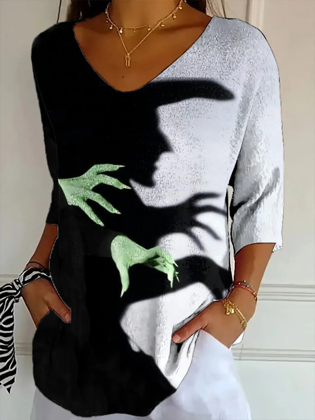 Witch Halloween Cropped Sleeve V-Neck T-Shirt Halloween Apparel Unique Gifts - Merchluma