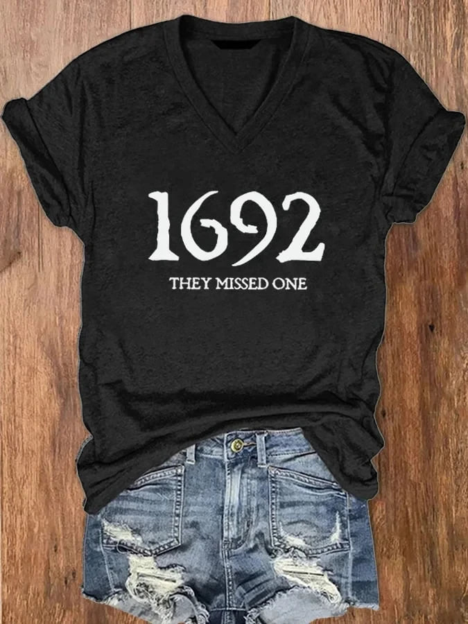 1692 They Missed One Black V-Neck Shirt Minimalist Salem Halloween Women's Tee Gifts - Merchluma