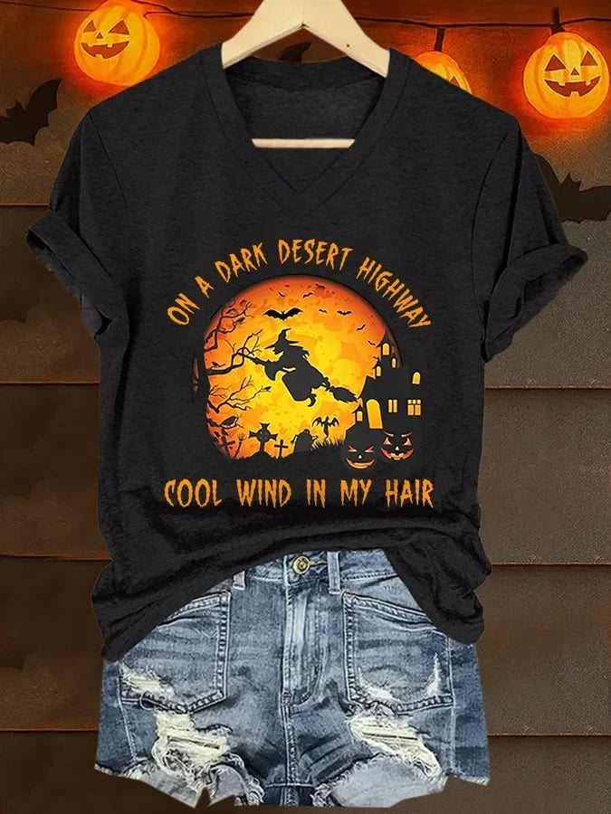 Retro Halloween Witch On A Dark Desert Highway V-Neck Shirt Cool Wind In My Hair Shirt - Merchluma