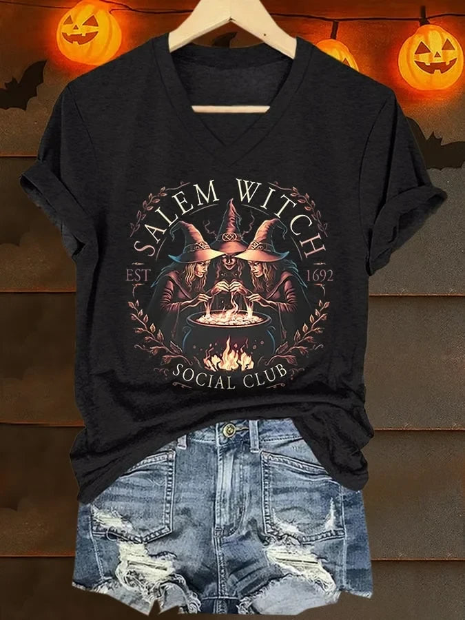 Salem Witch V-Neck T-Shirt Celestial Witchcraft Women's Tee Halloween Gifts - Merchluma