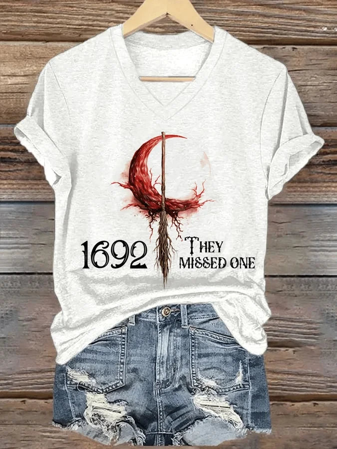 1692 They Missed One Bow V-Neck T-Shirt Coquette Witch Bow Women's Tee Halloween Gifts - Merchluma