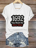 1692 They Missed One Witch Trials V-Neck T-Shirt Witch Merch Lovely Family Holiday Gift - Merchluma