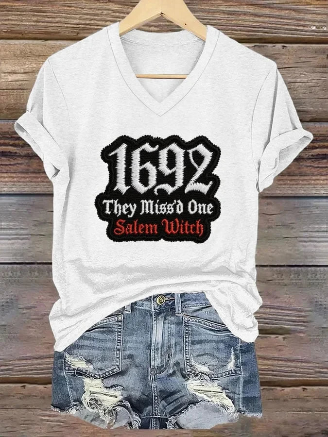 1692 They Missed One Witch Trials V-Neck T-Shirt Witch Merch Lovely Family Holiday Gift - Merchluma