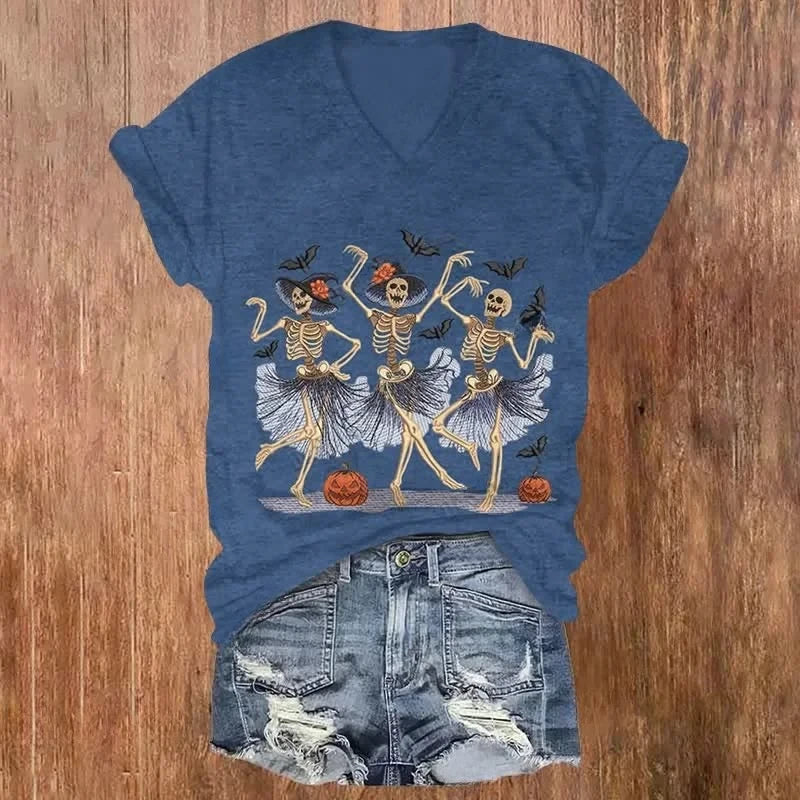 Dancing Skeletons Retro Halloween V-Neck Shirt Halloween Merch Gift For Fans - Merchluma