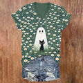 Green Ghost And Black Cat V-Neck Shirt Spooky Floral Pattern Tee Halloween Gifts Ideas - Merchluma
